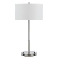 27 Inch Modern Table Lamp With Round Drum Shade, 2 Outlets, White, Chrome