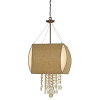 38 Inch 4 Light Arc Chandelier With Hanging Crystals, Fabric Shade, Beige