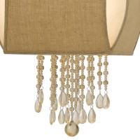 38 Inch 4 Light Arc Chandelier With Hanging Crystals, Fabric Shade, Beige