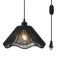 Karzibo Black Pendant Light With Plug In Cord 14.7Ft Dimmable Woven Hemp Rope Hanging Lamp Boho Rattan Swag Light Fixture For Kitchen Island Sink Living Room Bedroom Corner, 12.5