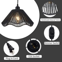 Karzibo Black Pendant Light With Plug In Cord 14.7Ft Dimmable Woven Hemp Rope Hanging Lamp Boho Rattan Swag Light Fixture For Kitchen Island Sink Living Room Bedroom Corner, 12.5