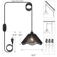 Karzibo Black Pendant Light With Plug In Cord 14.7Ft Dimmable Woven Hemp Rope Hanging Lamp Boho Rattan Swag Light Fixture For Kitchen Island Sink Living Room Bedroom Corner, 12.5