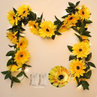 Artificial Sunflower Garland 7.2 Ft 20 Led Silk Sunflower Lights Vine Garland Artificial Flowers With Fairy String Lights Indoor Home Bedroom Garden Party Wedding Table Decor(2Pcs Garland With Lights)