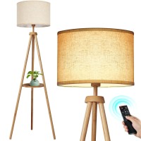 Outon Wood Tripod Floor Lamp With Shelves, Mid Century Floor Lamp With Remote Control,4 Color Temperature, Led Modern Dimmable Standing Lamp With Beige Linen Shade For Living Room, Bedroom, Office