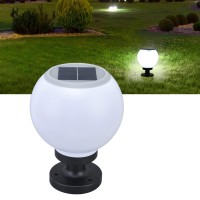 Bordstract Globe Outdoor Post Lantern, Waterproof White Solar Lights With Black Base, Led Post Light Round Lamp For Outdoor, Garden, Patio, Yard, Walkway Decoration