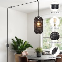 Ruzectt Plug In Pendant Light Rattan Hanging Lights With Plug In Cord 15Ft Dimmable Cotton Cord Wicker Boho Hanging Lamps For Ki