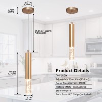 Pindodo Modern Pendant Light,Led Bubble Pendant Light 3 Pack,Crystal Column Gold Pendant Lighting For Kitchen Island Dining Room Bedroom Hallway Bar 8W(3000K)