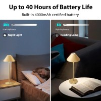 Funtaphanta Modern Led Rechargeable Cordless Table Lamp, Ip54 Waterproof, 240Lm Dimmable Battery Operated Lamp, 4000Mah Certified Battery, 3000K Portable Bedside Lamp (Gold)