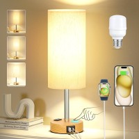 Bedside Table Lamp For Bedroom Nightstand - 3 Way Dimmable Touch Small Lamp Usb C Charging Ports And Ac Outlet, Wood Base Round Flaxen Fabric Shade For Living Room, Office Desk, Led Bulb Included