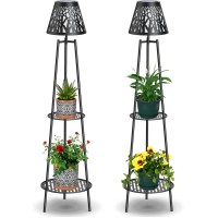 Visflair 45.4'' Metal Solar Floor Lamps Outdoor With 2 Plant Stand, 2 Pack Waterproof Solar Lantern Lights For Patio Deck Yard Garden Porch- Black