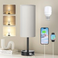 Grey Bedside Table Lamp For Bedroom - 3 Way Dimmable Touch Lamp Usb C Charging Ports And Ac Outlet, Small Lamp Wood Base Round Flaxen Fabric Shade For Living Room, Office Desk, Led Bulb Included