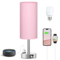 Pink Table Lamp For Bedroom Nightstand - 3 Way Dimmable Touch Lamp Girls Room Usb C Charging Ports And Ac Outlet, Small Lamp Wood Base Round Flaxen Fabric Shade For Office Desk, Led Bulb Included