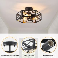 Xsdetu Semi Flush Mount Ceiling Light Fixture, Modern Farmhouse 3-Light Black Ceiling Light, Industrial Close To Ceiling Light With Metal Hexagon Cage Ceiling Lamp For Kitchen, Hallway, Bathroom