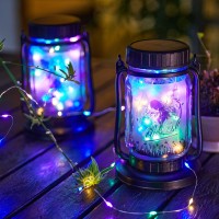 Solar Lanterns Fairy Lights, 2 Pack Solar Mason Jar Lights, Hanging Solar Lanterns Outdoor Waterproof, Glass Jar Starry Fairy Light With 30 Leds Halloween Decoration For Garden Patio Xmas (Colorful)