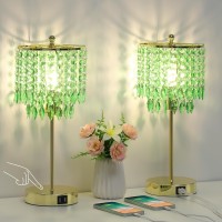 Green Gold Crystal Lamps, 3 Way Touch Control Table Lamp With Dual Usb Ports, Unique Design Dimmable Bedside Lamp Elegant Decorative Lamp For Bedroom, Living Room, 3000K Led Bulb Included