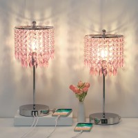 Pink Crystal Lamps, Touch Control Crystal Table Lamp With Dual Usb Charging Ports, 3 Way Dimmable Bedside Lamp Decorative Nightstand Lamp For Girls Bedroom, Living Room, B11 Led Bulb Included