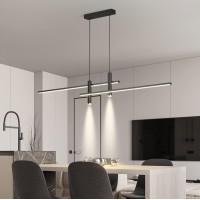 Modern Led Chandeliers For Dining Room, Kitchen Dining Room Chandelier Over Table, Black Pendant Light Fixtures With Dual Spotlights, Dimmable 3000K-6500K Remote Control Dining Table Lamp (L39.4In)