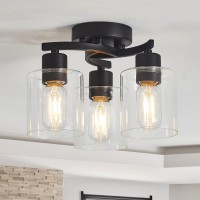 Eatich 3Light Semi Flush Mount Ceiling Light Matte Black Ceiling Light Fixture Farmhouse Kitchen Light Fixtures With Clear Gl