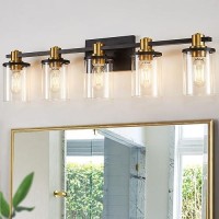 5 Light Bathroom Vanity Light Black And Gold Bathroom Light Fixtures With Clear Glass Shade Matte Black Finish Brushed Gold C