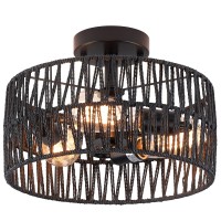 Hchunqjor 3-Light Coastal Black Woven Flush Mount Light Fixture Rustic Industrial Hemp Rope Flush Mount Ceiling Light For Hallway Bedroom Kitchen Entryway Farmhouse Living Room, Black