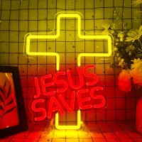 Janhune Cross Neon Signs Jesus Saves Led Signs For Wall Decor Dimmable Jesus Neon Lights Signs For Bedroom Living Room Christian Church Events Birthday Christmas Decor Gifts(Yellow,Red)