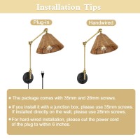 Wingbo Wall Sconce Rattan Wrapped Wall Lamp Adjustable Swing Arm Wall Light Foldable Gold Light Fixture Vintage Bedside Light W