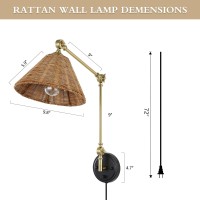 Wingbo Wall Sconce Rattan Wrapped Wall Lamp Adjustable Swing Arm Wall Light Foldable Gold Light Fixture Vintage Bedside Light W