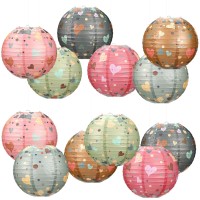 12 Pieces Boho Chinese Paper Lanterns 10 Inch Hanging Paper Lanterns Rainbow Colorful Hearts Pattern Design Brights Round Paper