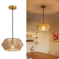 Tsmkledan Woven Rattan Pendant Light, 12.6 Inch Hemp Rope Boho Chandelier Rustic Farmhouse Chandelier Light, Rattan Light Fixture For Dining Room Living Room Bedroom Kitchen Foyer, Gold