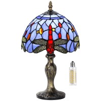 Miaoke Table Lamp Stained Glass Crystal Bead Style Table Light, Handmade Desk Bedside Table Night Lamp, Antique Art Craft Gifts Lover Kid Living Room Bedroom Study Bookcase Desk Ligh(Blue Dragonfly)