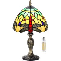 Table Lamp Stained Glass Crystal Bead Style Table Light, Handmade Desk Bedside Table Night Lamp, Antique Art Craft Gifts Lover Kid Living Room Bedroom Study Bookcase Desk Ligh(Green-W Dragonfly)