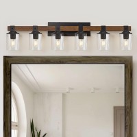 6-Light Farmhouse Vanity Lights,Rustic Wood Bathroom Lighting Fixtures,Industrial Vintage Metal Wall Sconces Light With Clear Glass