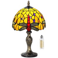 Table Lamp Stained Glass Crystal Bead Style Table Light, Handmade Desk Bedside Table Night Lamp, Antique Art Craft Gifts Lover Kid Living Room Bedroom Study Bookcase Desk Ligh( Orange Dragonfly)