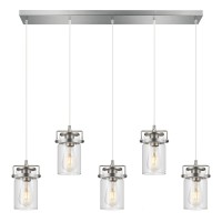 Foucasal Kitchen Island Lighting, 5 Light Pendant Lighting For Dining Room Kitchen Island Lighting Farmhouse Chandelier, Hanging Linear Chandelier Brushed Nickel Pendant Lights With Clear Glass Shades