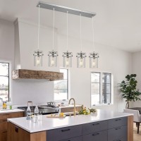 Foucasal Kitchen Island Lighting, 5 Light Pendant Lighting For Dining Room Kitchen Island Lighting Farmhouse Chandelier, Hanging Linear Chandelier Brushed Nickel Pendant Lights With Clear Glass Shades