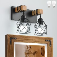 Farmhouse Vanity Light Fixture 2Light Bathroom Lighting Black Industrial Wood Wall Light Over Mirror With Metal Shade Led Bulbs