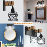 Farmhouse Vanity Light Fixture 2Light Bathroom Lighting Black Industrial Wood Wall Light Over Mirror With Metal Shade Led Bulbs