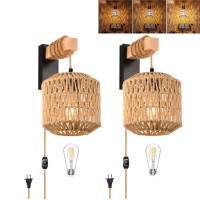 Zecoxol Rattan Plug In Wall Sconces Boho Wall Sconce Set Of Two Dimmer Rustic Wall Lamp With Plug In Cord Rattan Wall Sconces Wi