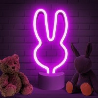 Lumoonosity Rabbit Bunny Neon Signs - Pink Cute Table Lamp With Stand For Bedroom, Teens/Kids Room, Game Room - Usb Powered/Battery Operated Bunny Led Light - Great Gift For Easter Neon Sign