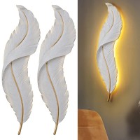 Qufute Modern Luxury Wall Lamp Large Feather Wall Decor Lighting Led Dimmable Wall Sconce Lights With Unique Resin White Feather Design Mid Century Elegant Wall Lamps For Bedroom Living Room