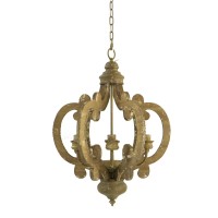 Aki 21 Inch Carved Wood Chandelier, 6 Lights, Vintage Classic Style, Brown