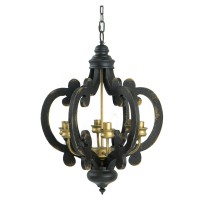 Aki 21 Inch Carved Wood Chandelier, 6 Lights, Vintage Classic, Black, Gold