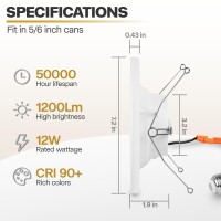 Powerasia 12 Pack 5/6 Inch Led Can Lights With Night Light, 5Cct Retrofit Recessed Lighting Selectable 2700K-6000K Dimmable, 12W=75W, 1200Lm Downlight With Metal Smooth Trim - Etl And Energy Star