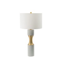 30 Inch Modern Table Lamp, Drum Shade, Cement And Brass Iron Waisted Base