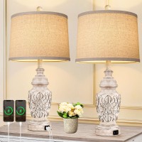 Tobusa Farmhouse Table Lamps Set Of 2, 26 Tall Bedside Lamps With Dual Usb Ports, Nightstand Lamps With Carved Floral, Resin End Table Lamps For Living Room, Bedroom, Rotary Switch, No Bulbs