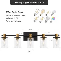 Dadul 5-Light Bathroom Light Fixtures, Gold And Black Bathroom Vanity Light With Clear Glass Shade, Gold Vanity Light Fixtures Over Mirror, Black Wall Sconce For Bathroom, Bedroom