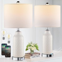 Cinkeda Modern Ceramic Table Lamps For Bedroom Set Of 2 Touch Lamp With Usb Ports For Nightstand 3Way Dimmable White Bedside L