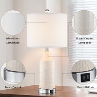 Cinkeda Modern Ceramic Table Lamps For Bedroom Set Of 2 Touch Lamp With Usb Ports For Nightstand 3Way Dimmable White Bedside L