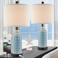 Cinkeda Ceramic Table Lamps For Bedroom Set Of 2 Touch Lamp With Usb Ports For Nightstand 3Way Dimmable Blue Coastal Bedside L