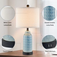 Cinkeda Ceramic Table Lamps For Bedroom Set Of 2 Touch Lamp With Usb Ports For Nightstand 3Way Dimmable Blue Coastal Bedside L